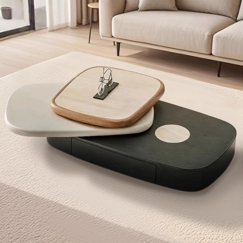 Minimalist Rotating Sintered Stone Top Coffee Table, Modern Multi-Layer Pebble Shape Center Table for Living Room