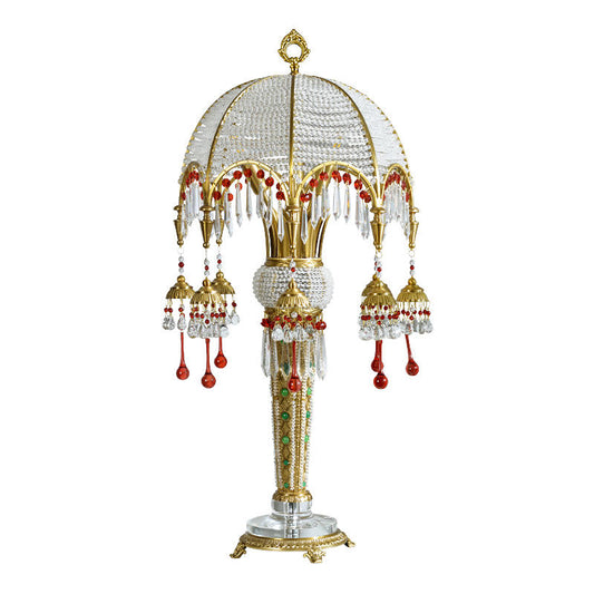 Classical Crystal Table Lamp, Vintage Brass and Red Beaded Designer Desk Light for Bedroom, Living Room, or Hotel