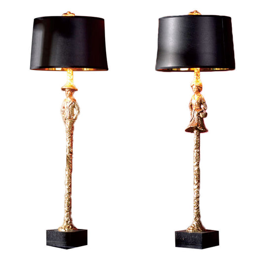 Classic Antique Brass Table Lamp with Black Shade, Vintage Hotel & Home Decor, Factory Direct (Pair: Male & Female Figurines)