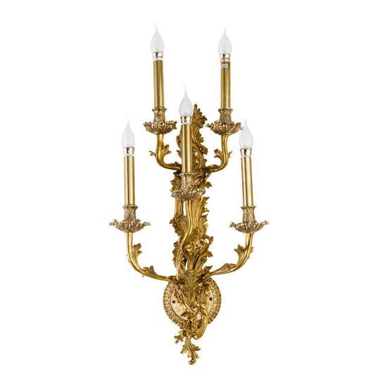 Golden Floral Candlestick Wall Sconce, Antique Brass 4-Light Candle Holder Wall Lamp for Graceful Living Room or Hallway Decor
