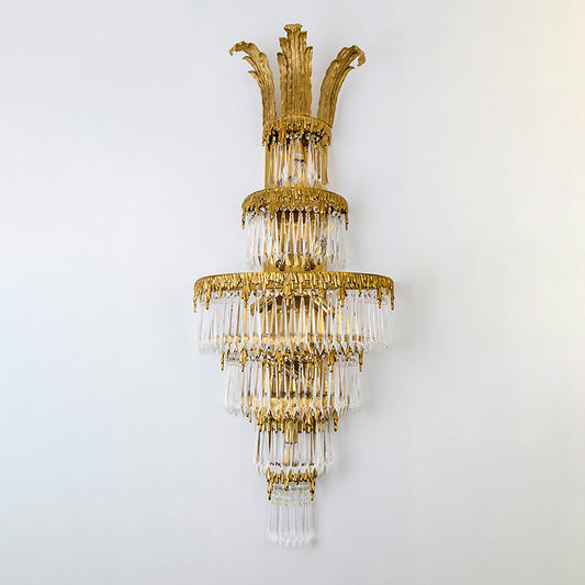 Luxury Brass Crystal Wall Sconce, Modern Tall Wall Mounted Lamp for Hotel, Restaurant, or Home Hall with USB Option
