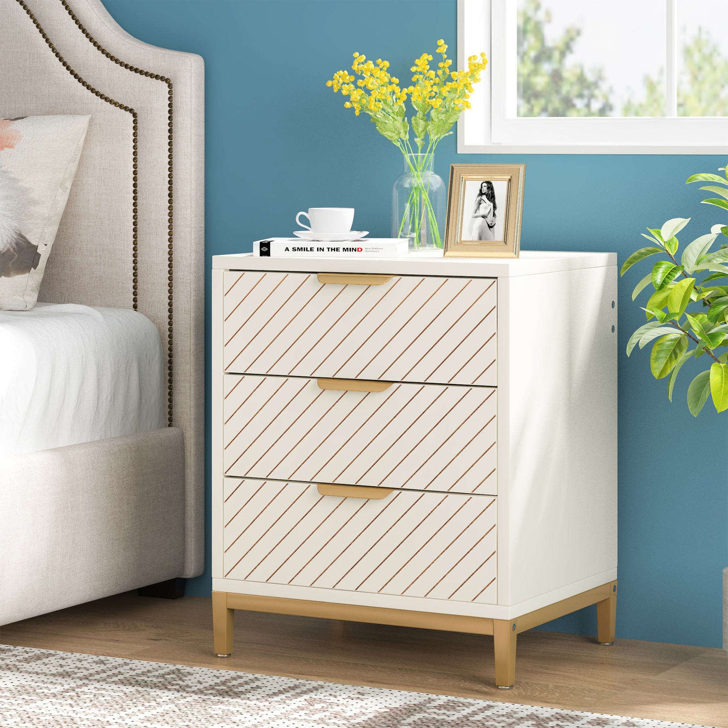 Elegant Modern White Wooden Bedside Table, 3-Drawer Nightstand for Bedroom – Minimalist Gold Accent Furniture