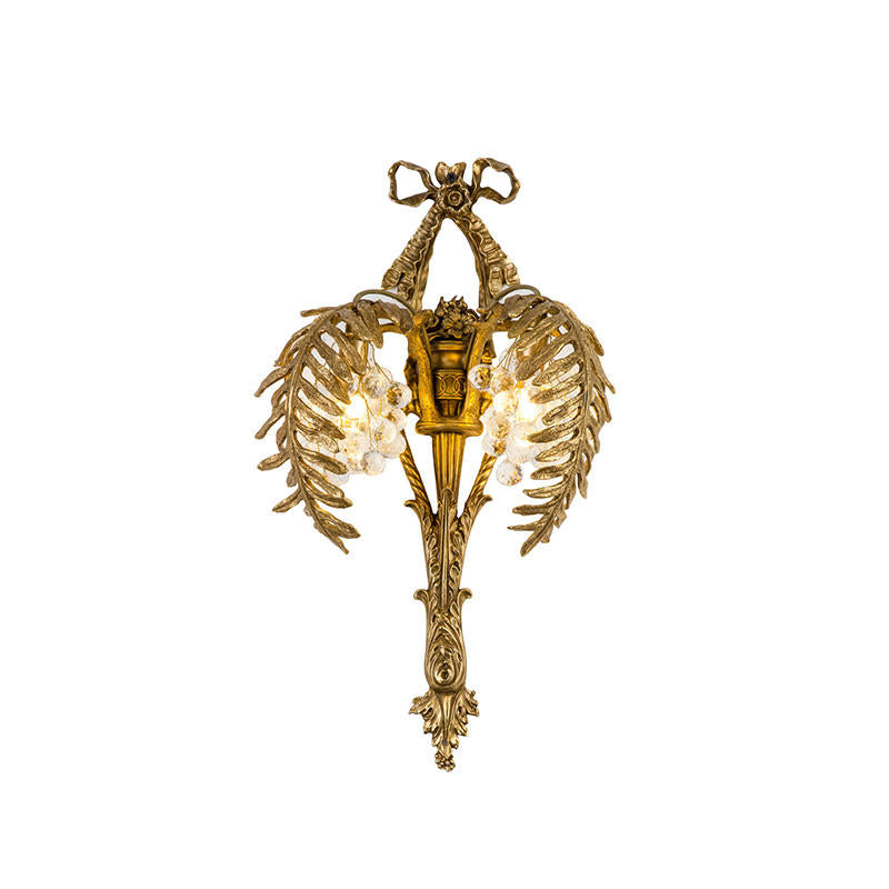 Luxury Palm Tree Brass Wall Lamp, Crystal Drop Gold Wall Sconce Light for Bedroom, Living Room, and Hall Accent Decor