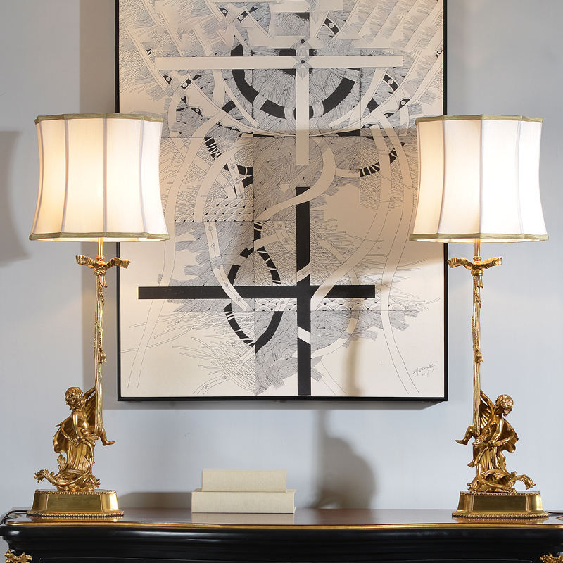 Antique Style Brass Angel Table Lamp Pair, Handcrafted Beside Lights with Fabric Shade for Home Decor