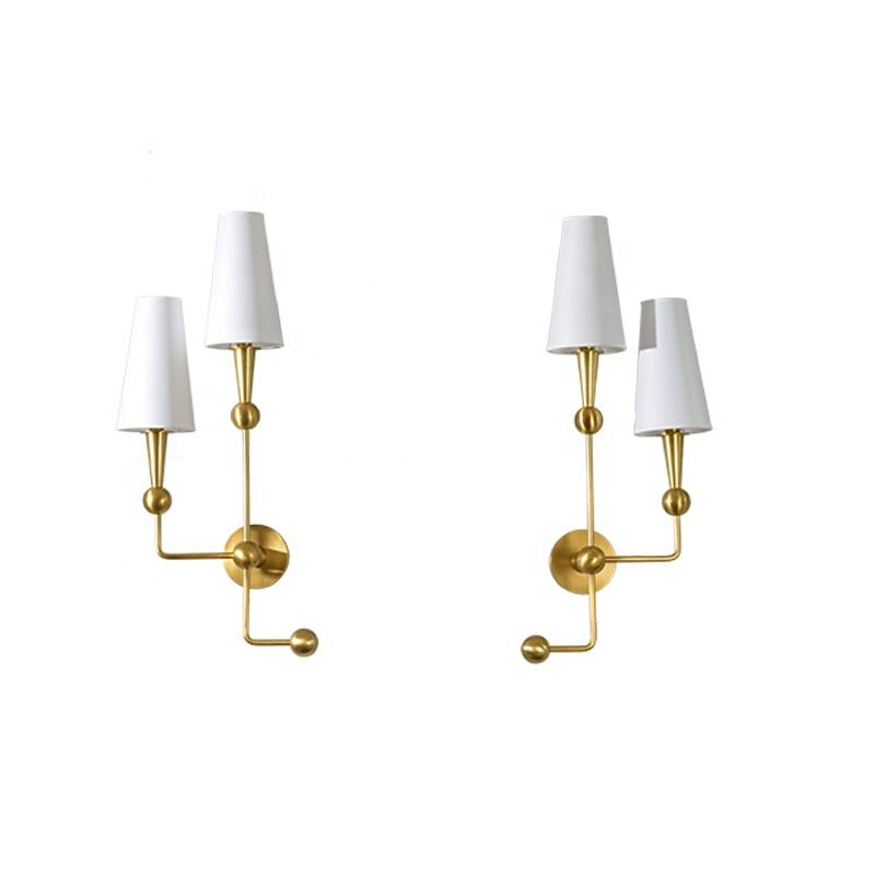 Modern Brass Dual LED Wall Lamp, Designer Fabric Shade Wall Sconce for Hotel, Villa, and Contemporary Home Interior Lighting