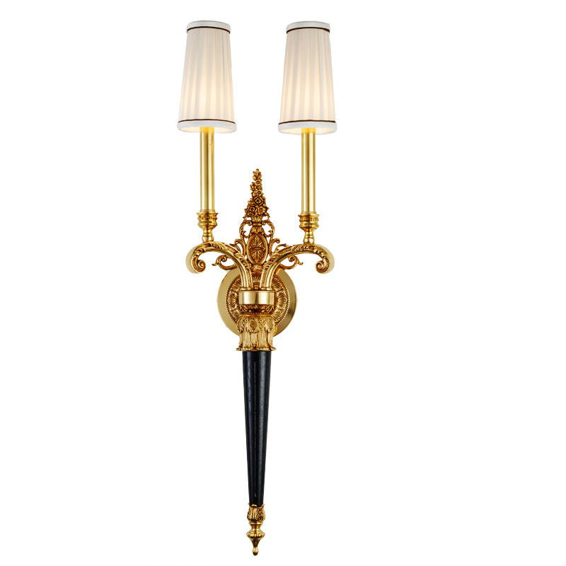 Antique Dual Arm Wall Sconce, Luxury Copper Brass and Wooden Wall Light with Fabric Shades for Bedroom and Villa Decor