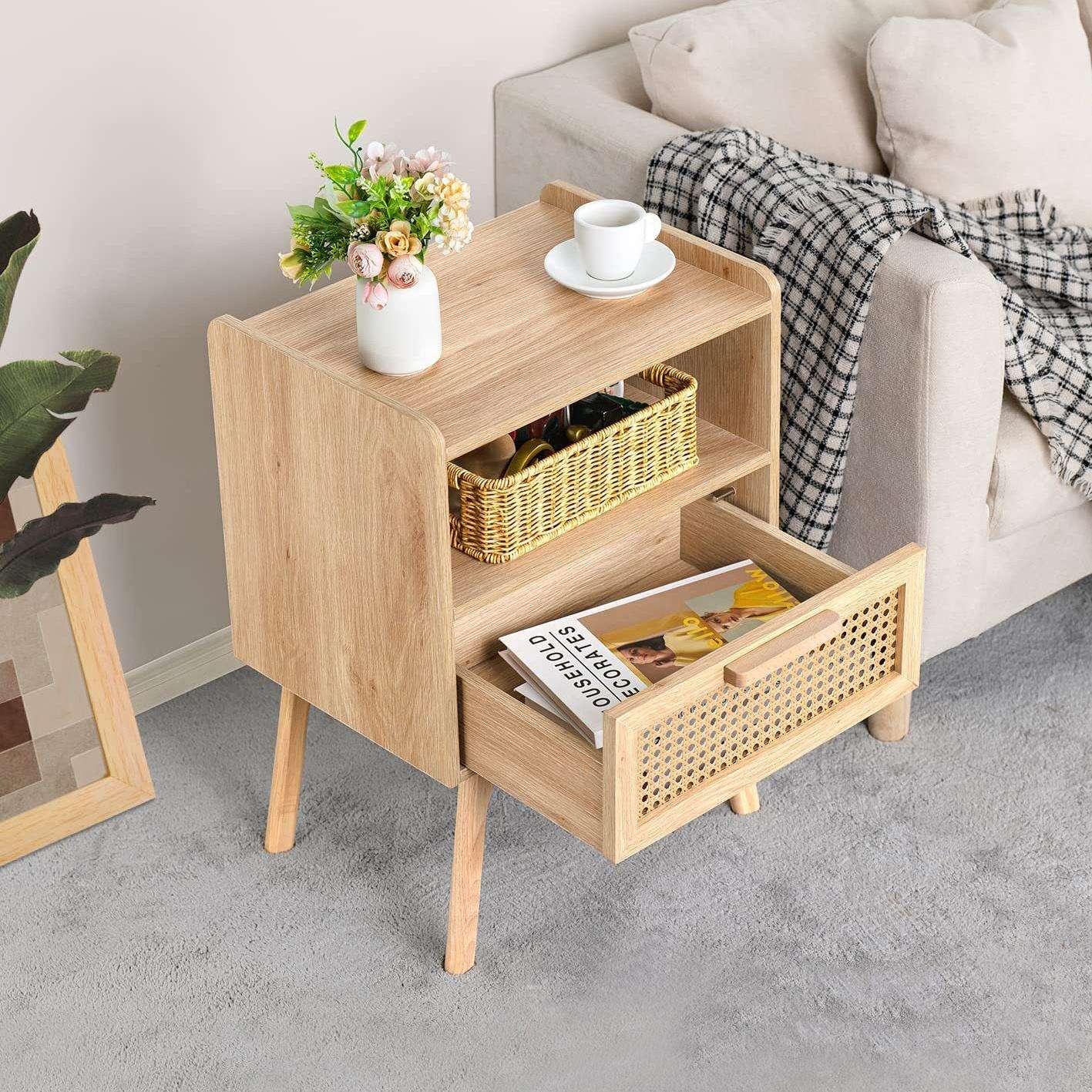 Solid Wood Rattan Bedside Table with Open Shelf and Drawer, Sturdy Nightstand with Tapered Legs for Bedroom