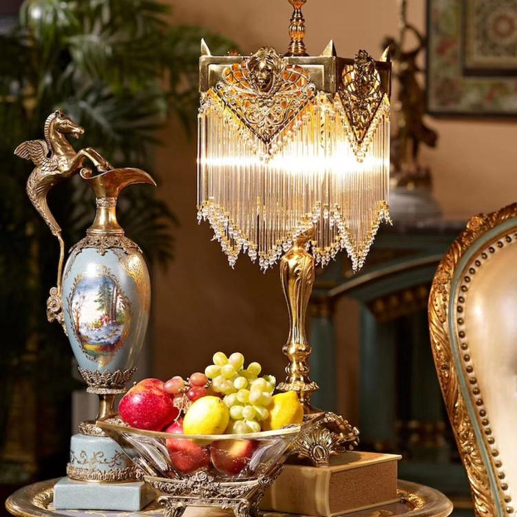 Marble Brass & Crystal Luxury Table Lamp, Classic Art Deco Designer Light with Cascading Crystal Fringe, Modern Home Statement Piece