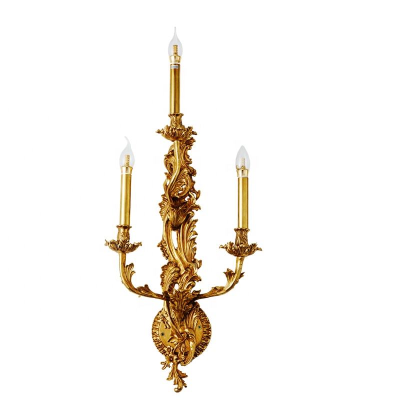 Antique Triple Arm Brass Wall Sconce, Candle-Style Copper and Bronze Flower Leaf Decorative Lamp, Energy Efficient LED Hallway Light Fixture