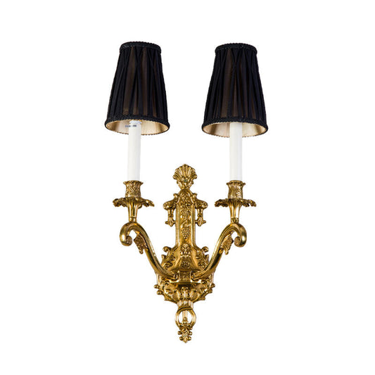 Classical 2-Light Wall Sconce, Antique Copper Brass with Black Fabric Shades, Decorative LED Wall Lamp for Bedroom, Living Room, Hotel