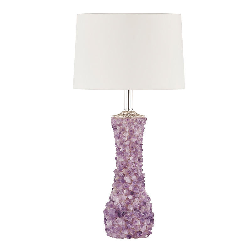 Modern Crystal Stone Table Lamp with Cloth Shade, LED Copper Bedside Light in Purple & White, Decorative Ceramic Byron Style