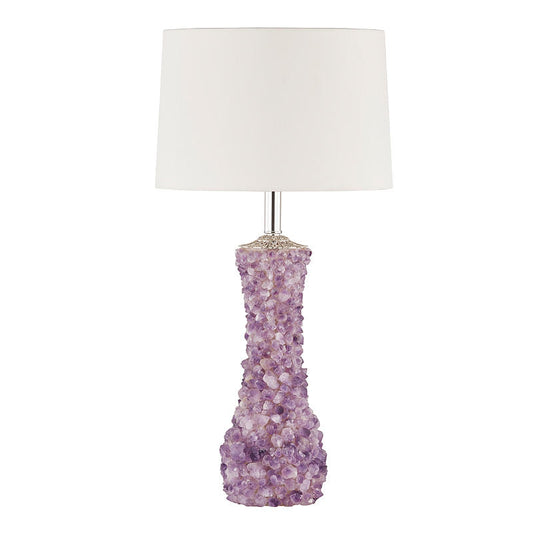 Modern Crystal Stone Table Lamp with Cloth Shade, LED Copper Bedside Light in Purple & White, Decorative Ceramic Byron Style