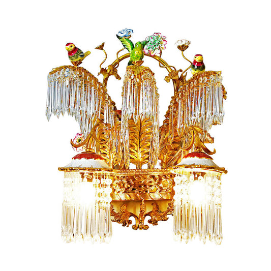 LED Wall Light, Luxury Brass Wall Sconce with Ceramic Birds and Crystal Accents, Modern High-End Decorative Fixture