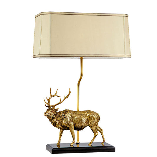 Luxury Animal Sculpture Table Lamp, Handcrafted Dewax Copper and Marble Base, Designer Stag Accent with Cream Fabric Shade