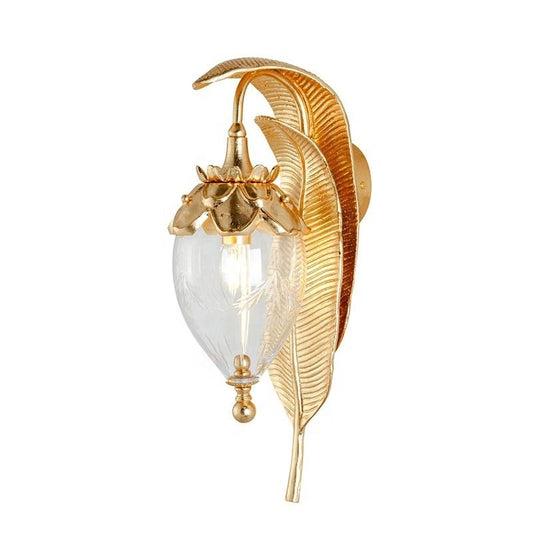Minimalist Gold Leaf Wall Sconce Light, Modern Clear Glass Shade LED Wall Lamp for Dining Room and Bedroom Decor