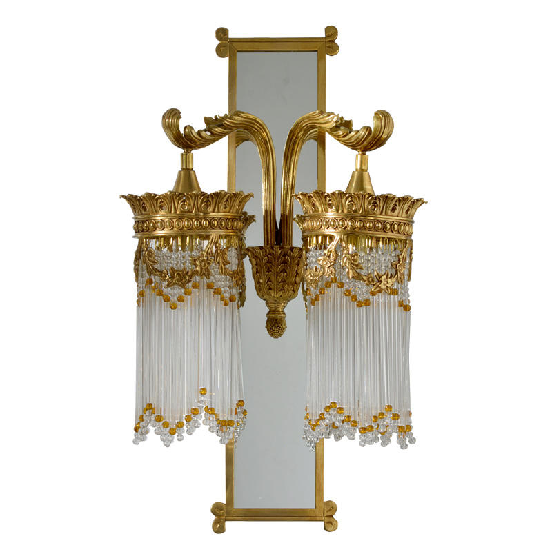 Luxurious Double Lantern Wall Sconce with Mirror Backplate, Antique Brass and Crystal Glass LED Wall Lamp for Hallway, Living Room, or Hotel Decor