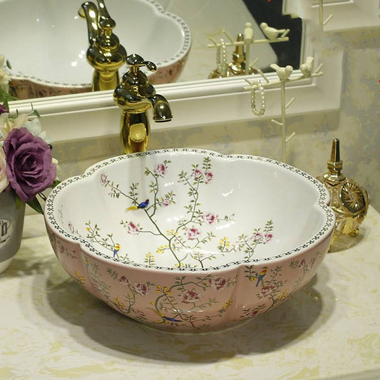Hand Painted Pink Flower and Bird Ceramic Vessel Sink, Round Above Counter Art Basin for Bathroom Vanity, Artistic Countertop Bowl