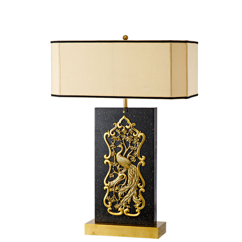 Luxury Peacock Carved Marble Table Lamp, Brass and Gold Rectangular Lamp with Designer Shade, Elegant LED Home Decor Lighting