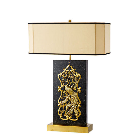 Luxury Peacock Carved Marble Table Lamp, Brass and Gold Rectangular Lamp with Designer Shade, Elegant LED Home Decor Lighting