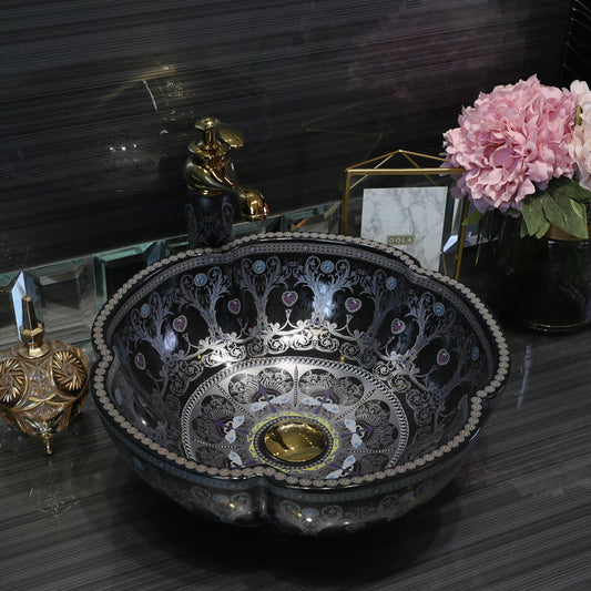 Porcelain Ceramic Bathroom Vanity Vessel Sink, Artistic Flower Style Black Above Counter Round Bowl Sink, Modern Art Basin