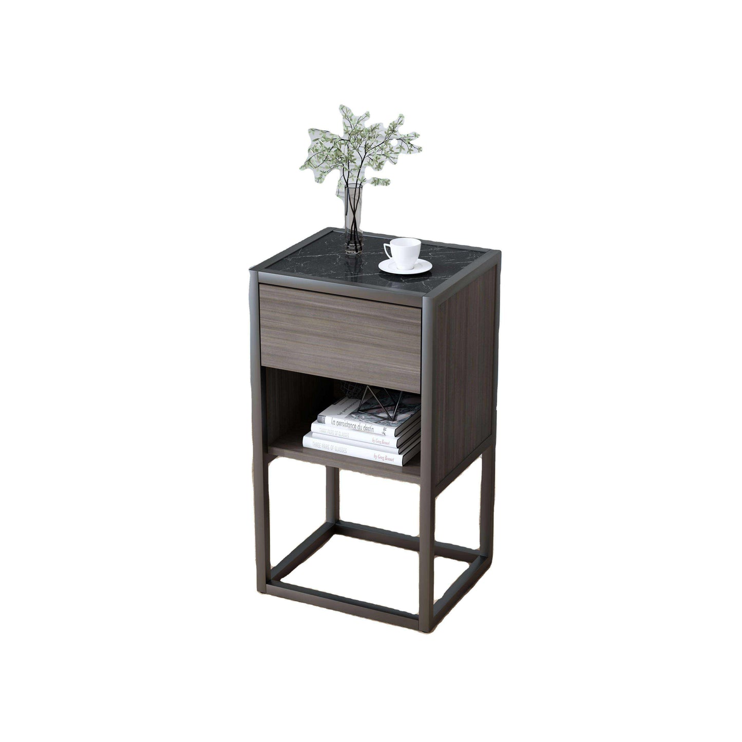 Modern Wood and Marble Nightstand for Bedroom, Living Room, Home or Hotel, Contemporary End Table with Drawer and Open Shelf
