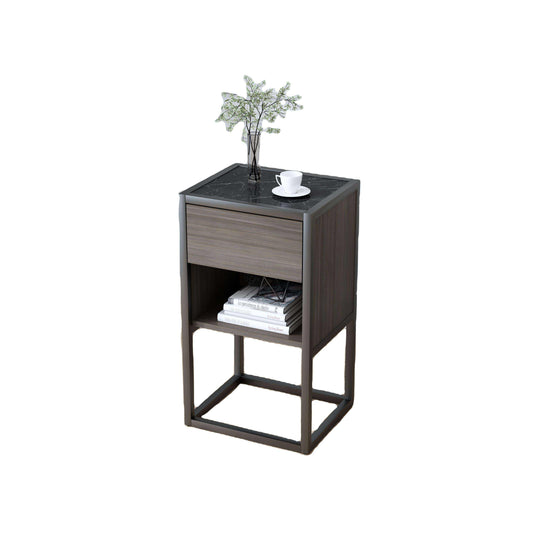 Modern Wood and Marble Nightstand for Bedroom, Living Room, Home or Hotel, Contemporary End Table with Drawer and Open Shelf