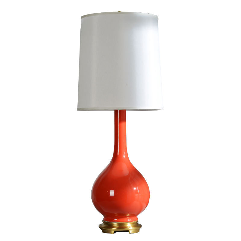 Modern Red Ceramic Table Lamp, Tall Retro Porcelain Desk Light with White Fabric Shade, LED Compatible for Living Room, Bedroom, End Table