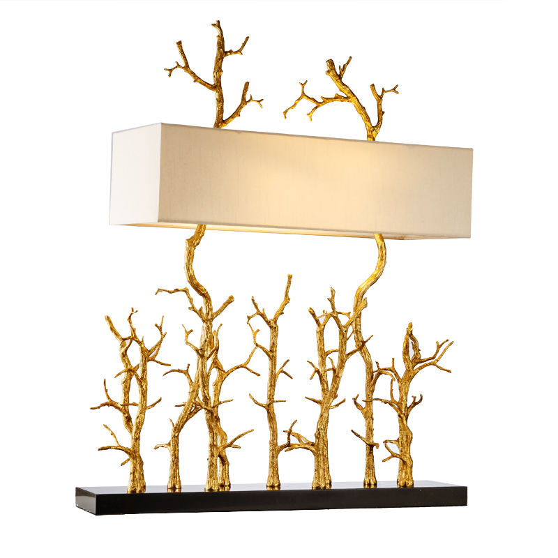 Creative Bronze Branch Table Lamp, Modern LED Decorative Desk Light with Rectangular Shade, Luxury Copper Accent Office and Bedroom Lighting