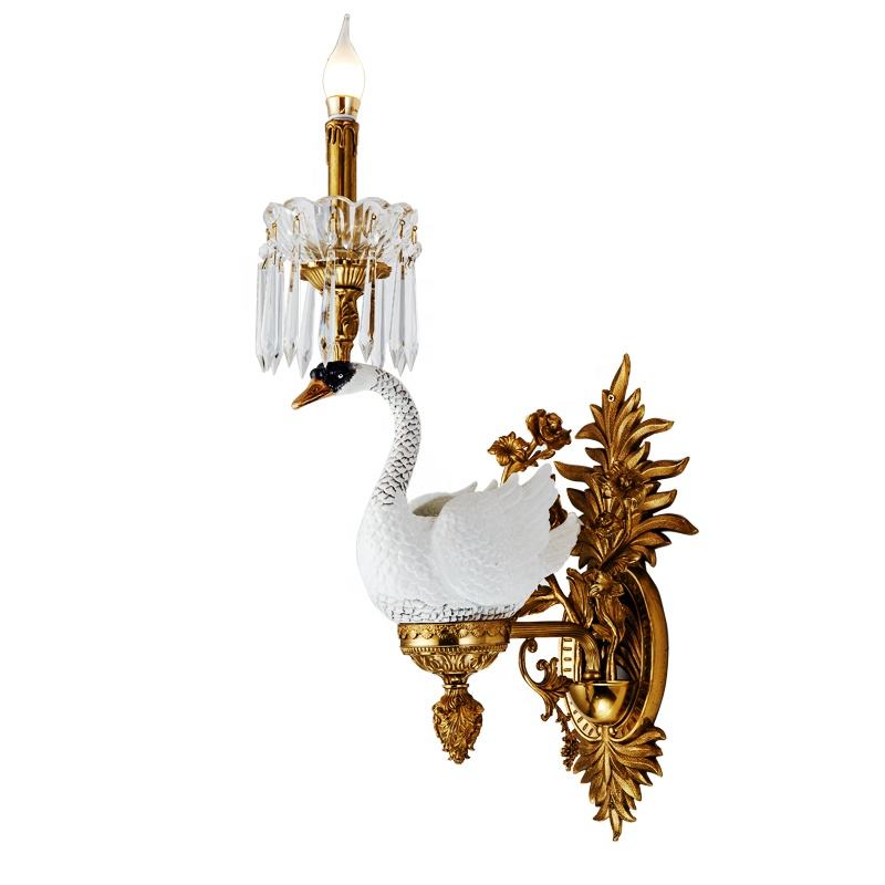 Luxury Swan Wall Sconce Light, Decorative Brass and Porcelain Bird Lamp with Crystals for Elegant Living Room, Bedroom, or Hallway Accent
