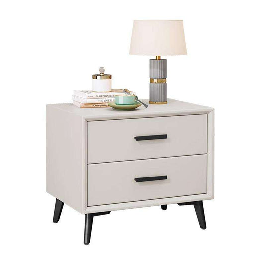 Modern Luxury Double Drawer Bedside Table, White/Grey Wood Narrow Side Table, Leather-Look Hotel Bedroom Furniture
