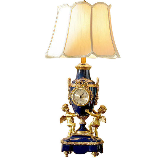 Vintage Cherub Clock Porcelain Table Lamp, Creative Classical Noble LED Light, Brass Home Decor, Artistic Ceramic with Shade