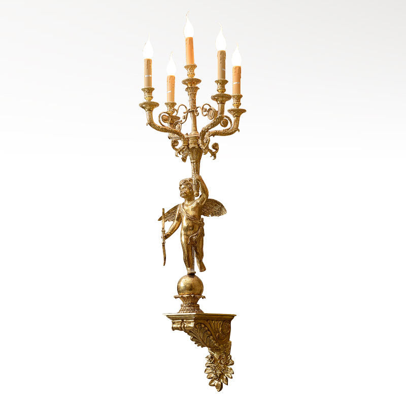 Louis Style Angel Wall Sconce, Luxury Gilt Bronze Antique Brass 6-Light LED Wall Lamp for Palace, Hotel, or Classic Hall