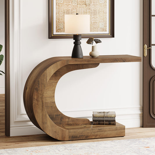 C-Shaped Console Table, Mid-Century Modern Wood Entryway Table, Heavy-Duty Accent Table for Living Room and Hallway