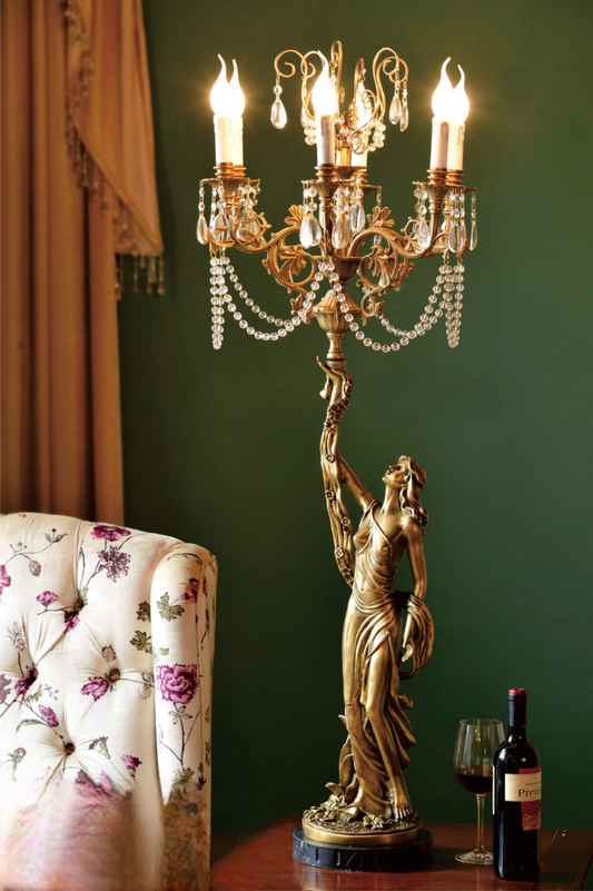 Vintage Lady Statue Brass Table Lamp with Crystal Candelabra, Bronze LED Candle Bulbs, Luxury Decor for Hotel, Bedroom, or Living Room