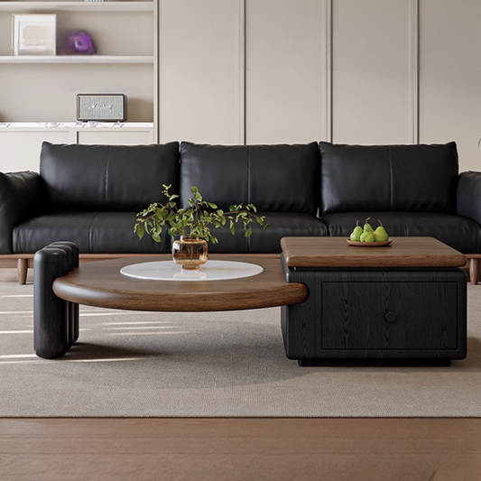 Modern Minimalist Walnut Wood Coffee Table Set, Square and Round Designer Center Table for Living Room