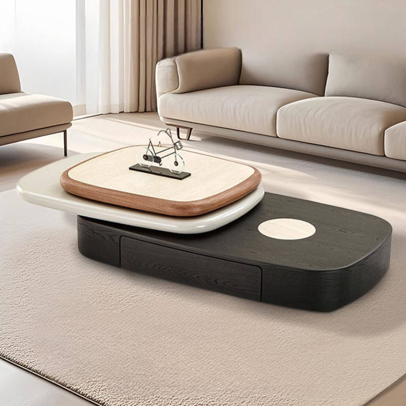 Minimalist Rotating Sintered Stone Top Coffee Table, Modern Multi-Layer Pebble Shape Center Table for Living Room