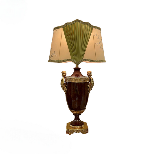 Classical Table Lamp with Carved Gilded Brass & Wooden Base, Bedroom Bedside or Living Room Study Room LED Light, Scalloped Shade