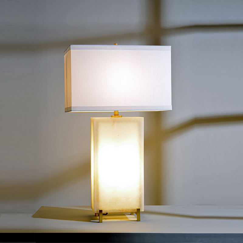 Modern White Alabaster Table Lamp, Minimalist Rectangular Design, Luxury LED Accent Light for Living Room or Desk