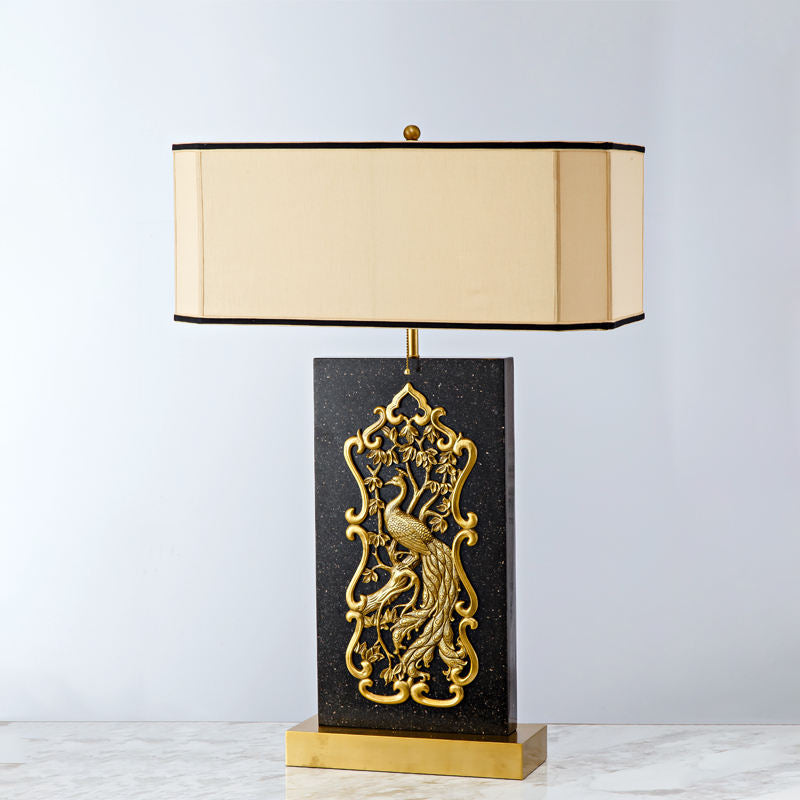Luxury Peacock Carved Marble Table Lamp, Brass and Gold Rectangular Lamp with Designer Shade, Elegant LED Home Decor Lighting