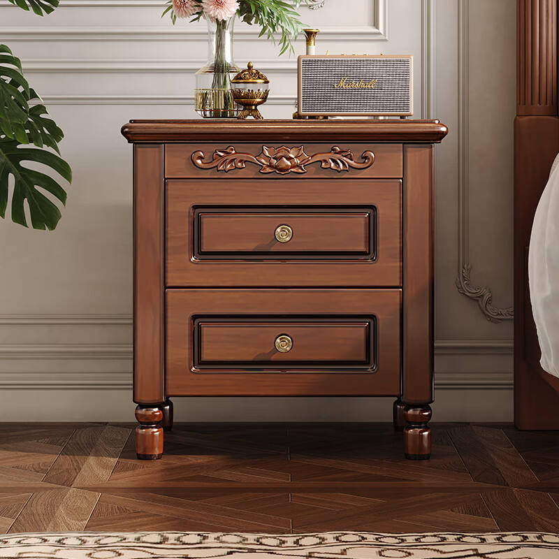 High-End Solid Wood Bedside Table, Modern Vintage Storage Nightstand with Drawers, Classic Bedroom Apartment Cabinet, Walnut Color