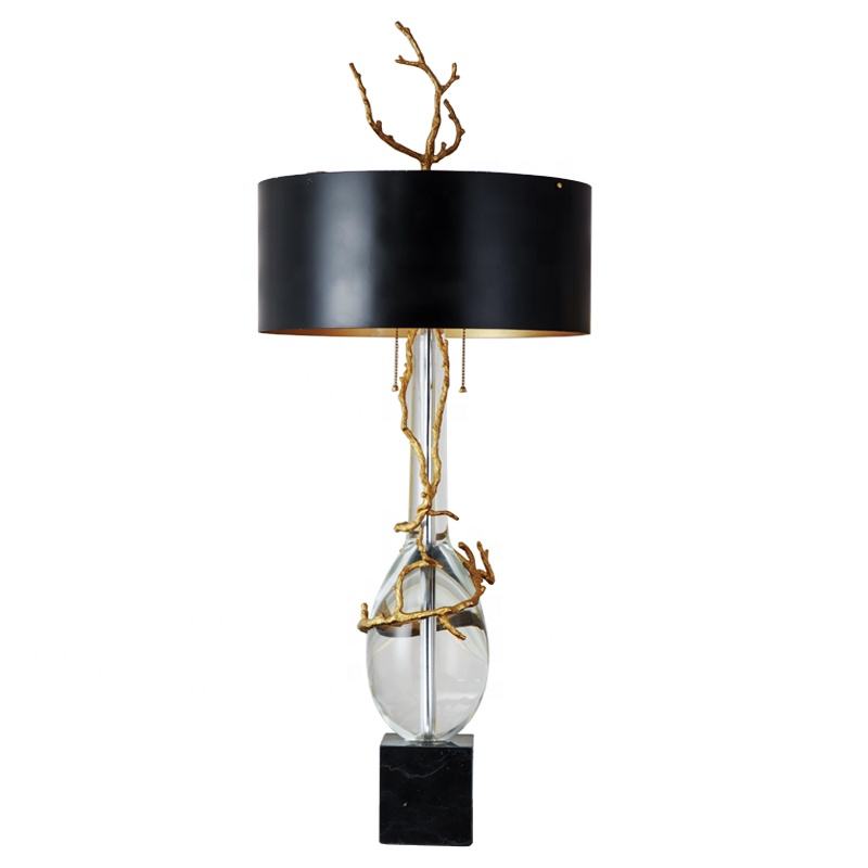 Modern Marble Table Lamp with Brass and Clear Crystal, Luxury Decorative LED Bedside Light, Black Shade, Designer Nightstand Lighting