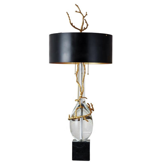 Modern Marble Table Lamp with Brass and Clear Crystal, Luxury Decorative LED Bedside Light, Black Shade, Designer Nightstand Lighting