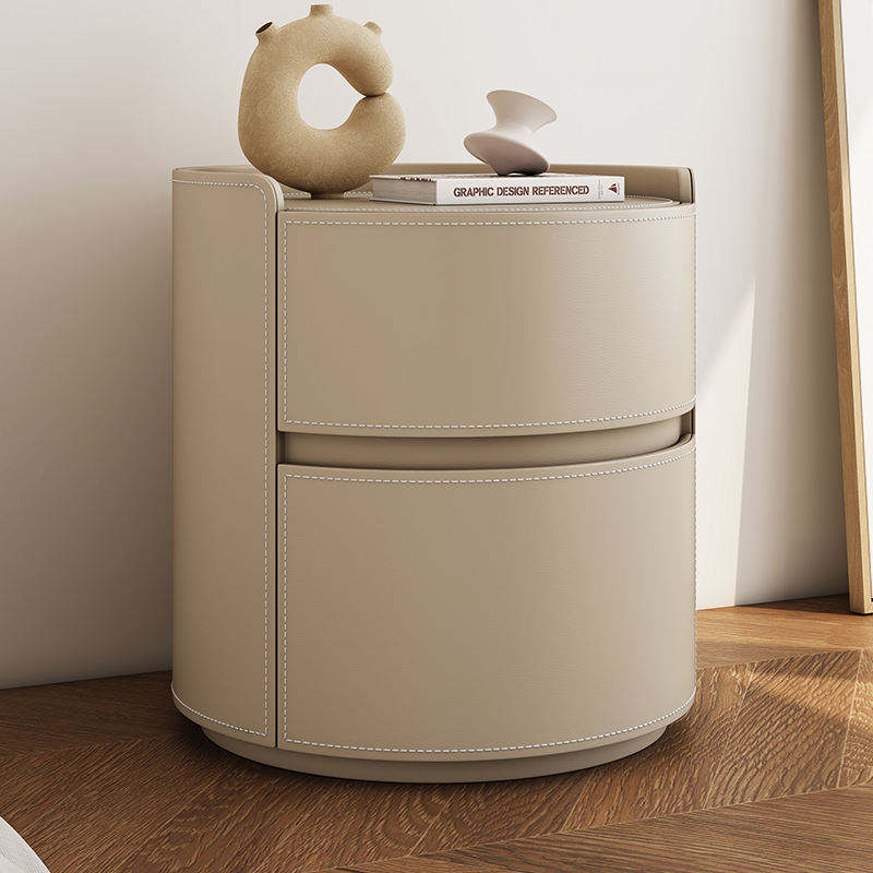 High-Quality Round Leather Bedside Table, Modern Slate Top Side Table with 2 Drawers for Bedroom, Hotel, or Luxury Living
