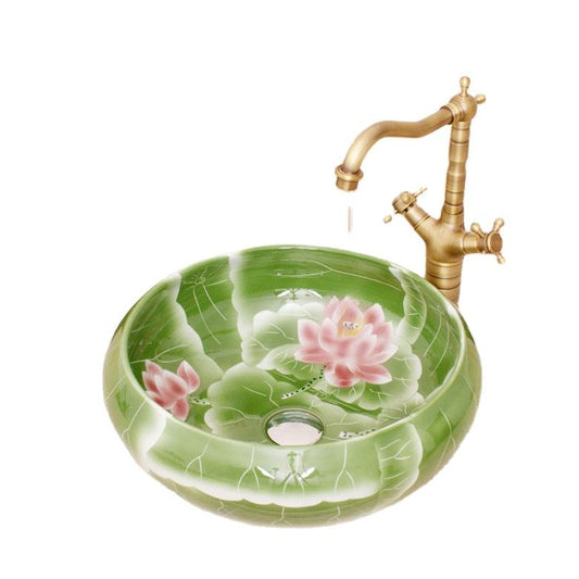 Hand-Painted Lotus Art Ceramic Wash Basin, Green Porcelain Bathroom Sink Countertop Bowl, Lotus Flower Design