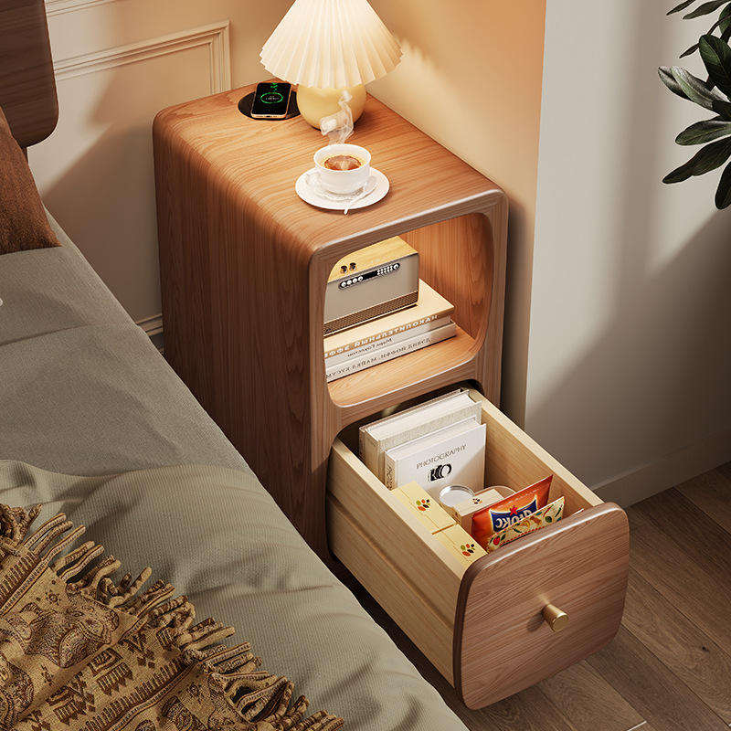 Solid Wood Mini Smart Charging Bedside Table, Creative Modern Nightstand with Storage and Rounded Corners for Bedroom
