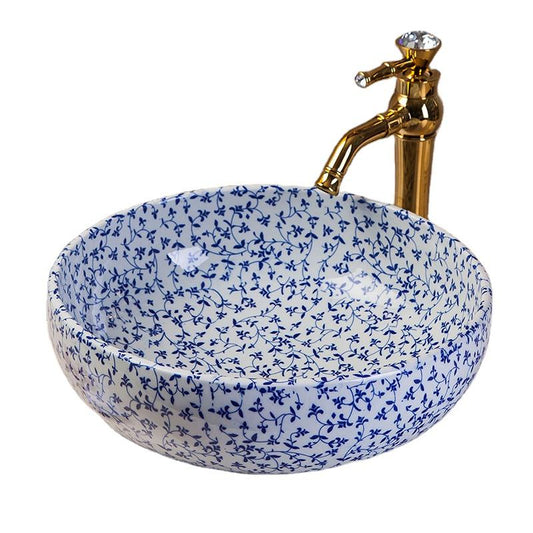 Blue and White Lotus Branch Ceramic Art Bathroom Sink, Porcelain Round Above Counter Lavabo Wash Basin, Artistic Vessel