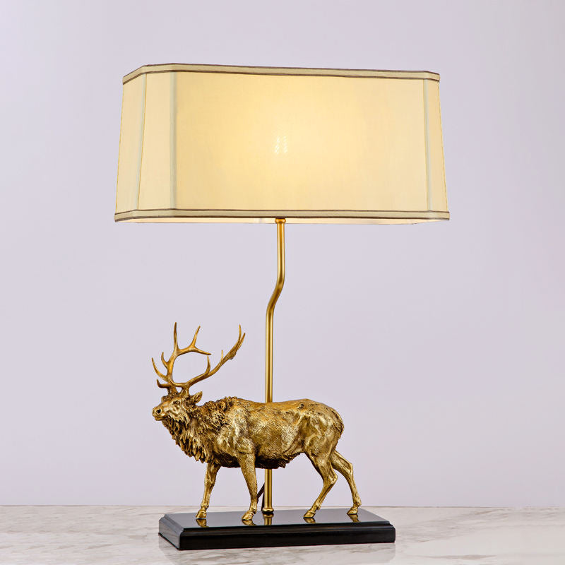 Luxury Animal Sculpture Table Lamp, Handcrafted Dewax Copper and Marble Base, Designer Stag Accent with Cream Fabric Shade