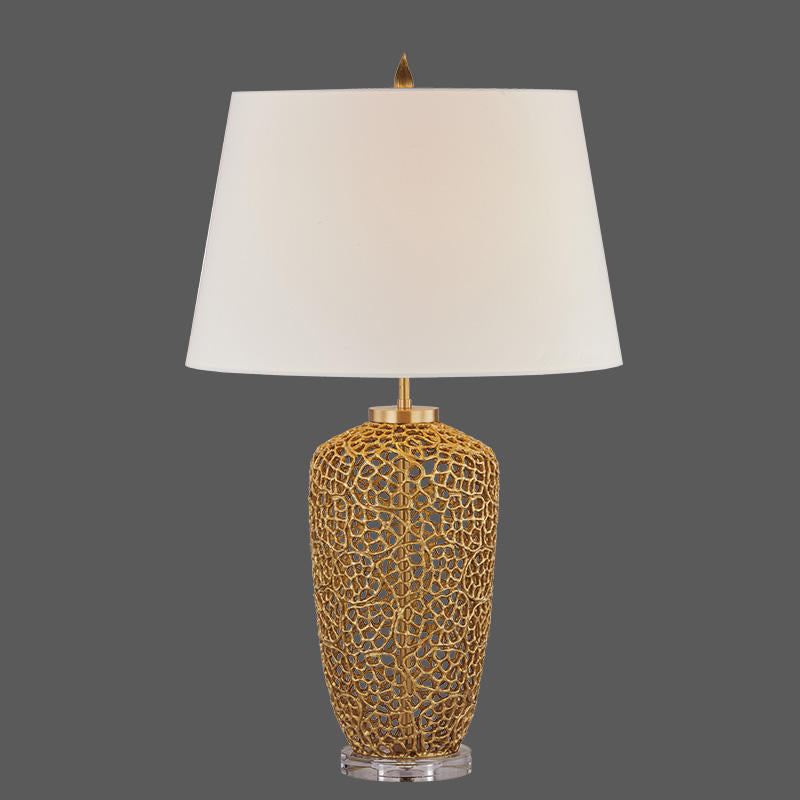 Modern Brass Table Lamp with Decorative Openwork Base, Luxury Home or Office Desk Light, Contemporary LED E27