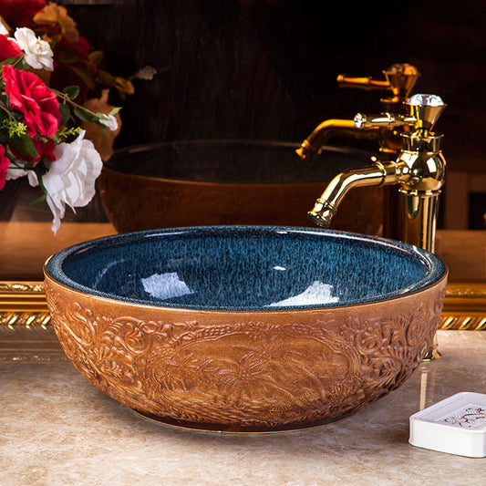Handmade Engraved Tree Porcelain Bathroom Basin, Rustic Brown Ceramic Round Countertop Sink – Art Bowl