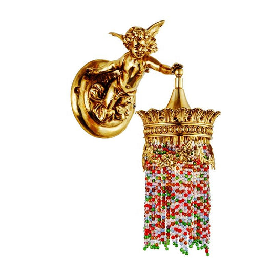 Classical Angel Wall Sconce, Seven Color Crystal Bead Copper Wall Lamp with Warm LED for Decorative Living Room and Hallway Accent